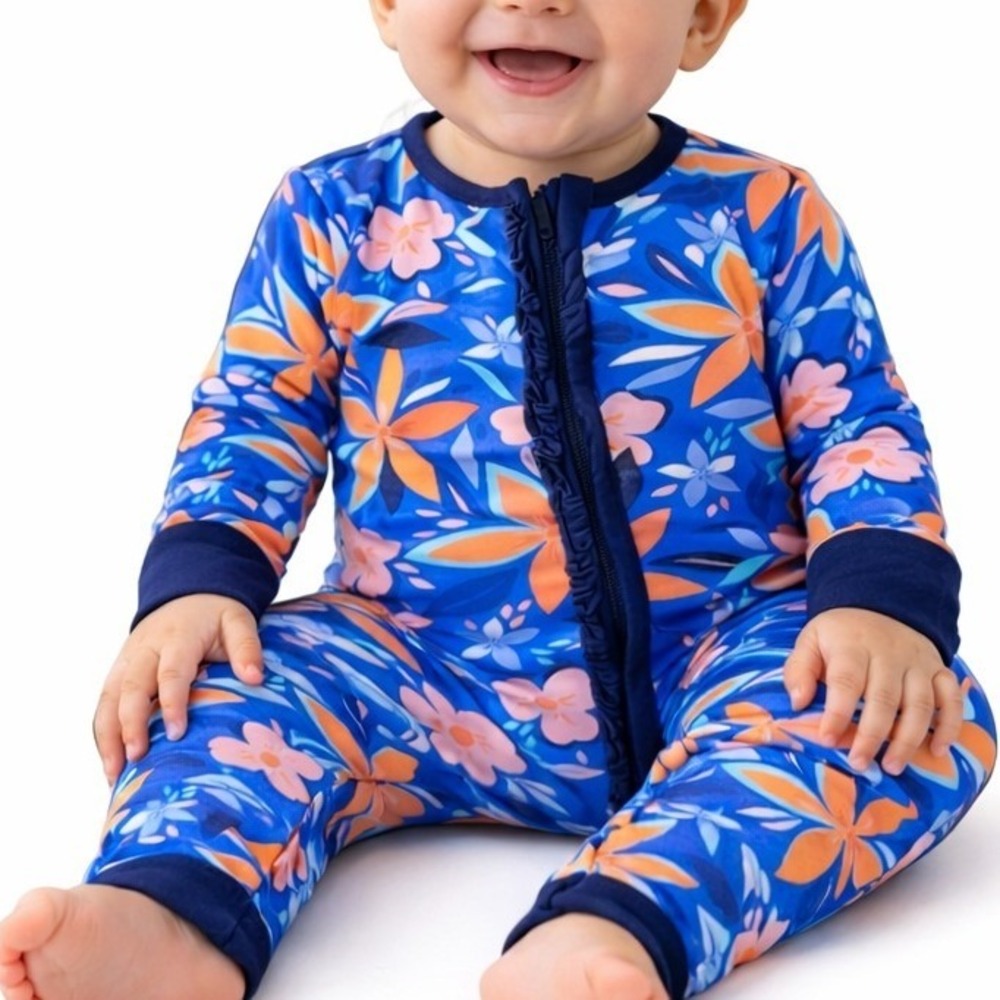 Daisy and Rae Co 12-18M Blue Floral Bamboo Ruffle Two Way Zip Zippy Sleeper